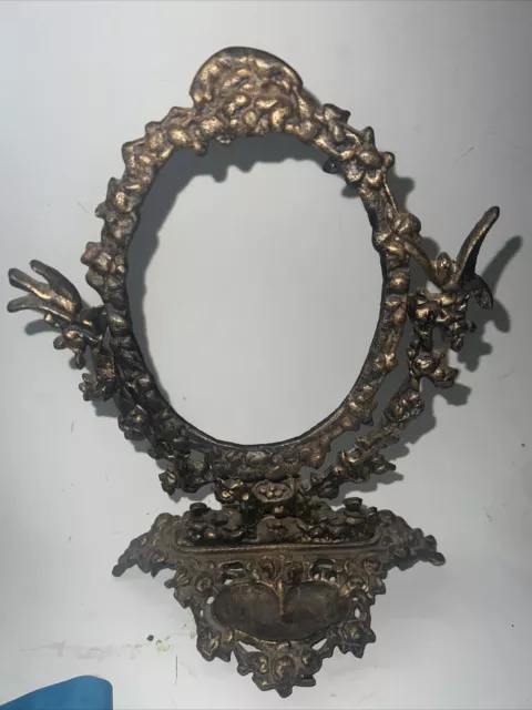 Vtg Medieval  Cast Iron Vanity Table Oval Mirror  Frame Jewelry/Trinket dish