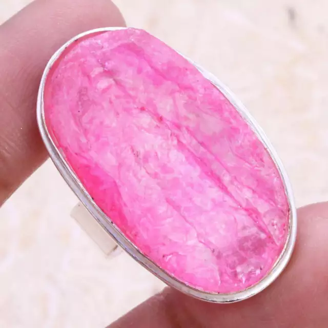 Rough Pink Crystal Art Piece 925 Silver Plated Ring of US Size 7