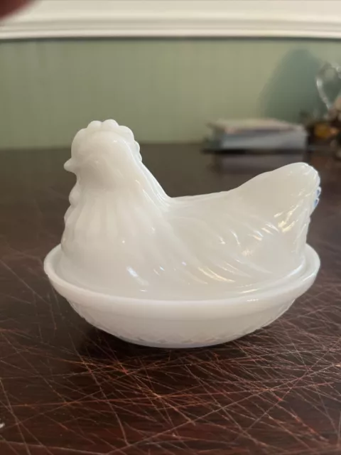 VTG Hazel Atlas White Milk Glass Hen On Nest Covered Dish Chicken 4.5" Marked