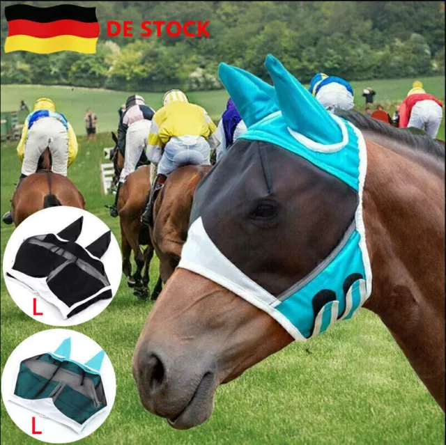 Fliegenmaske mit Ohrenschutz Nüsternschutz Warmblut Pferde Fliegenhaube DE B0B8