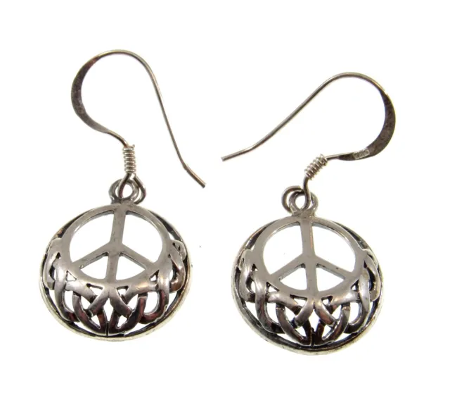 Solid 925 Sterling Silver Celtic Knotwork Peace Sign Drop / Dangle Hook Earrings