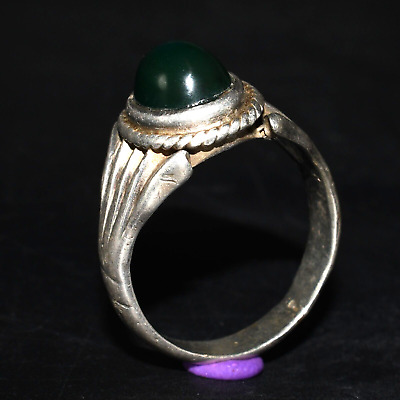 Old Vintage Middle Eastern Solid Silver Ring with Natural Green Stone Bezel