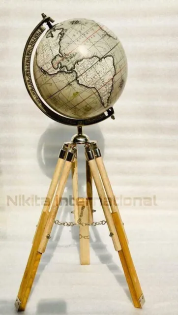 Antique World Map Globe White Ocean Earth Rotating Globe W/ Wooden stand Tripod