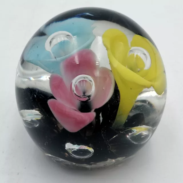 Vintage Pink Yellow Blue Flower Bubbles Art Glass 2.25" Paperweight