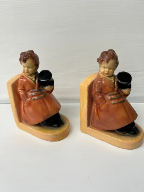 Vintage Boy Chalkware Book End Pair Young Man Boy With Top Hat Child Book Ends
