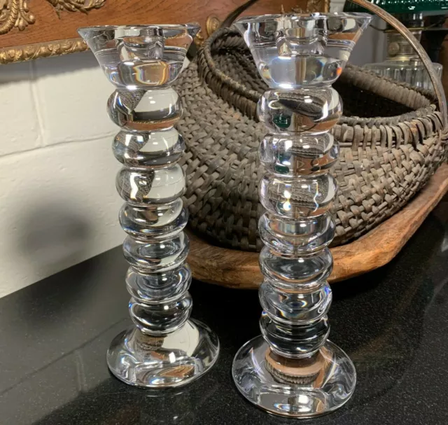 Val Saint Lambert Stacked Ring 10 3/4" Crystal Candlesticks Belgium - Excellent