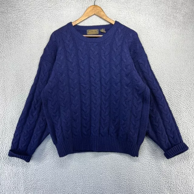 Vintage Eddie Bauer Sweater Men's Large Blue Chunky Cable Knit Shetland Wool 90s