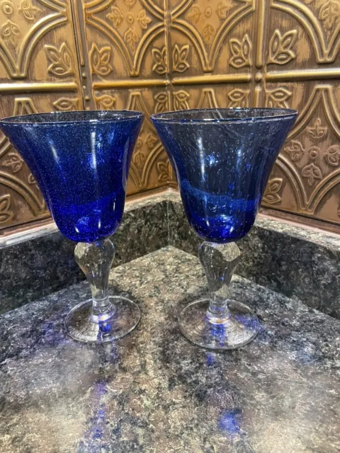 ARTLAND (2) IRIS Cobalt Blue BUBBLE Glass Wine / Water Goblets HAND CRAFTED