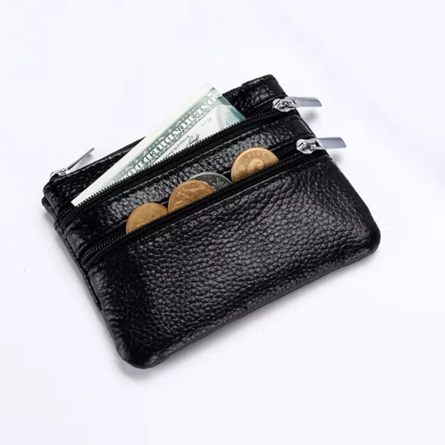 Ladies Men Pouch Genuine Leather Black Small Coin Card Wallet Zip Pouch Purse