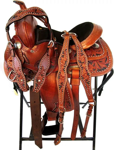 Pony Kids Child Mini Youth Tooled Leather Western Horse Saddle Tack Set