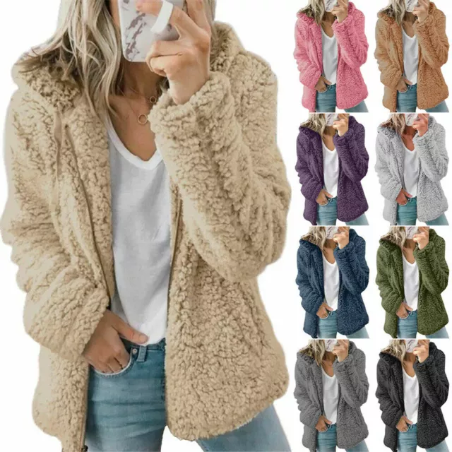 Womens Teddy Bear Fluffy Coat Zip Up Winter Cardigan Fleece Hoody Jacket Outwear