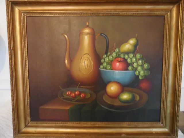 Large Antique Oil Painting - Mixed Fruit &  Jug  Still Life - Signed