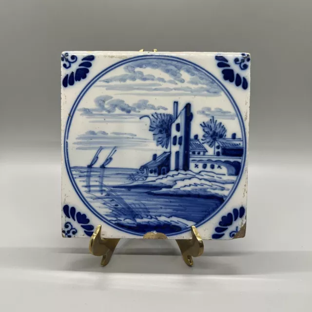 Dutch Delft Blue tile, landscape with housed and ships, 18th century 5.25” Canal