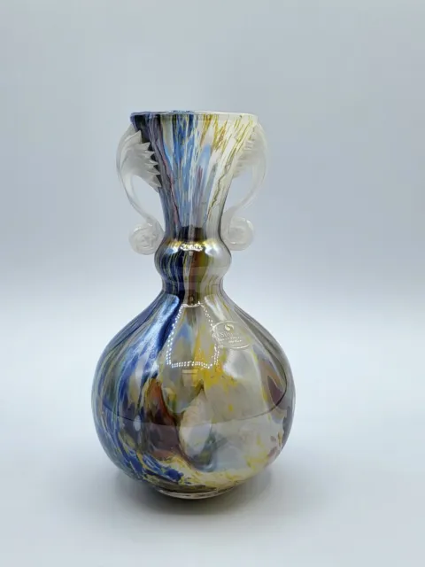 Silvestri Art Glass Murano Italy Handblown Iridescent Ribbed Handled Vase 7.25"
