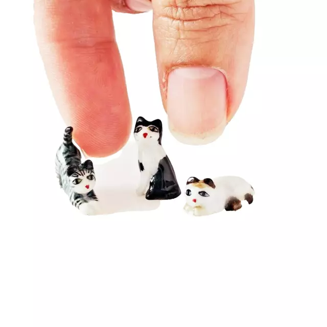 Miniature Ceramic Cat Kitten Figure Tiny Collectible Kitten Desk Decor Set 3 Pcs