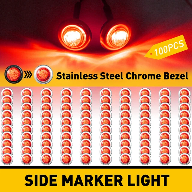 100pc 3/4" Round Red LED Side Marker Lights Stainless Base Truck Trailer 12V CUS