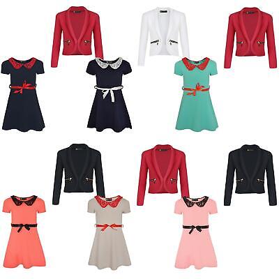 Girls Short Sleeve Skater Lace Collar Dress Bundle with Zip Pocket Blazer 3-14