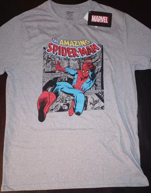 The AMAZING SPIDER-MAN,CLASSIC MARVEL COMICS T-SHIRT NWT ADULT UNISEX SZ. L GREY