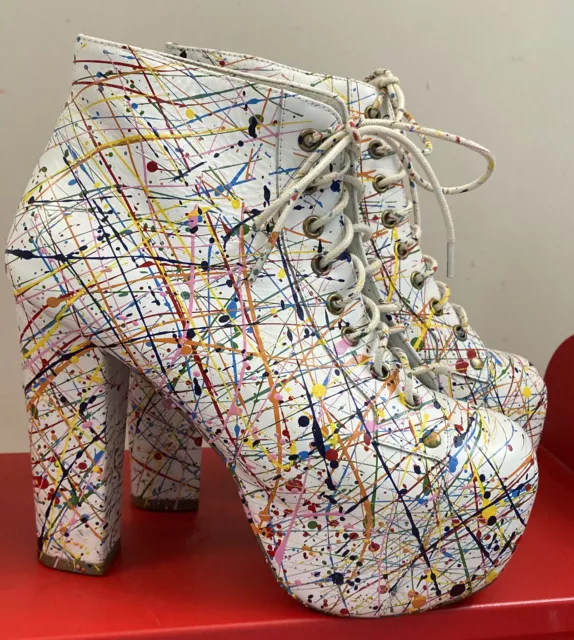 Jeffrey Campbell Lace Up Platform white paint splatter Ankle Bootie 6 1/2 unique