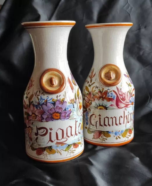 Nove di BASSANO antica coppia 2 bottiglia da vino caraffe CERAMICA dipinto mano