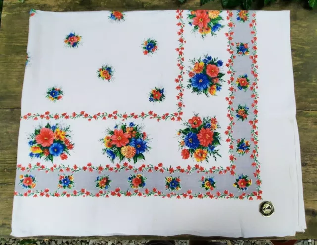 alte große Tischdecke bunte Blumen Original Künstlerhanddruck Leinendamast