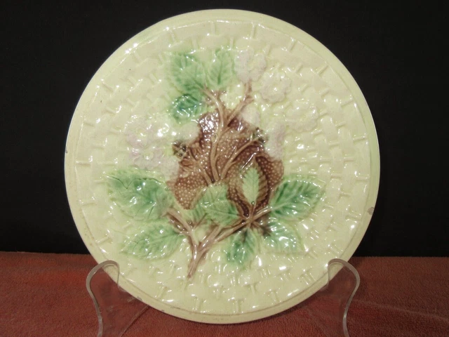 Antique Blackberry & Basketweave Majolica Pottery Plate - 8-1/4" D.