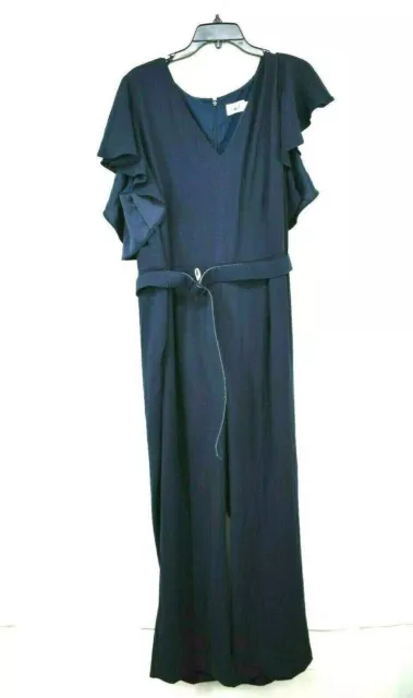 Eliza J Womens Navy Blue V-Neck Cap Sleeves Belted Flutter Sleeve Jumpsuit 20W