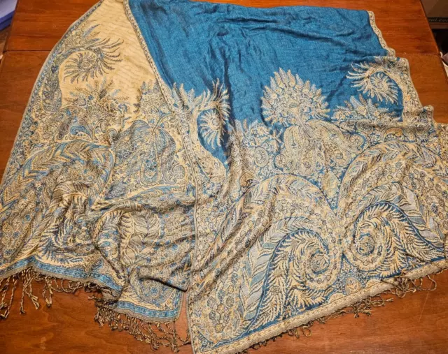 Pashmina Tan & Blue Silk Scarf Shawl