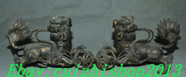 Old Chinese Dynasty Bronze  Fengshui Foo Fu Dog Guardion Lion Ball Statue Pair