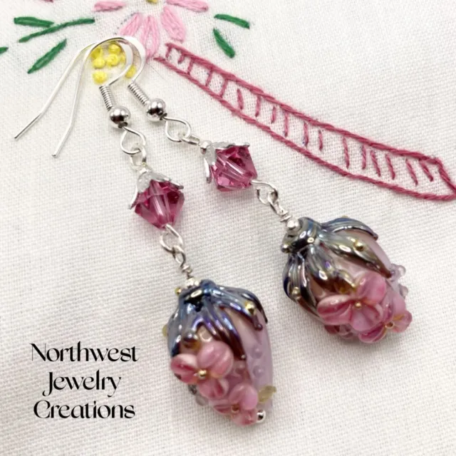 Oliver-star Handmade Pink Flower Bud Lampwork Crystal Earrings .925 Silver Gift