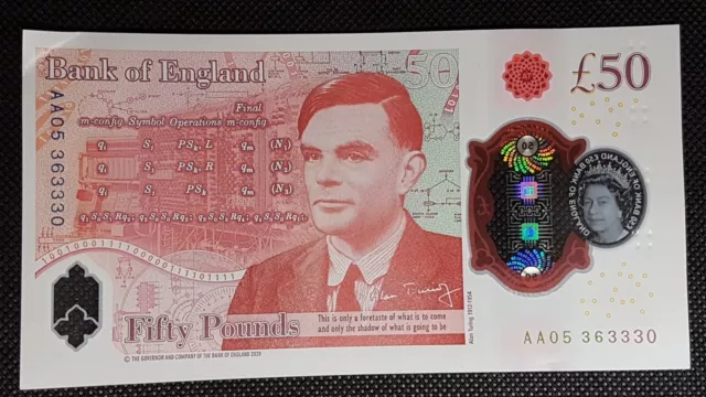 SELTENE AA05 363330 £50 Alan Turing 50 Pfund Note 1. Auflage NEUWERTIG