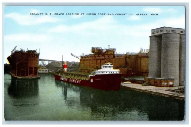 Alpena Michigan Postcard Steamer ST Crapo Loading Huron Portland Cement Co c1940