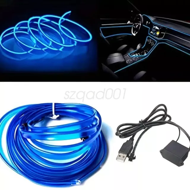 5M USB Car Interior LED Strip Lights Ambient Lighting Blue Neon Dash Glow Tube