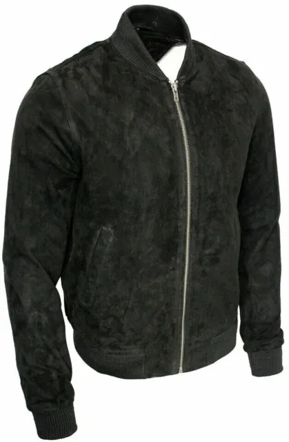 Mens Retro Black Goat Suede Leather Bomber Varsity Jacket