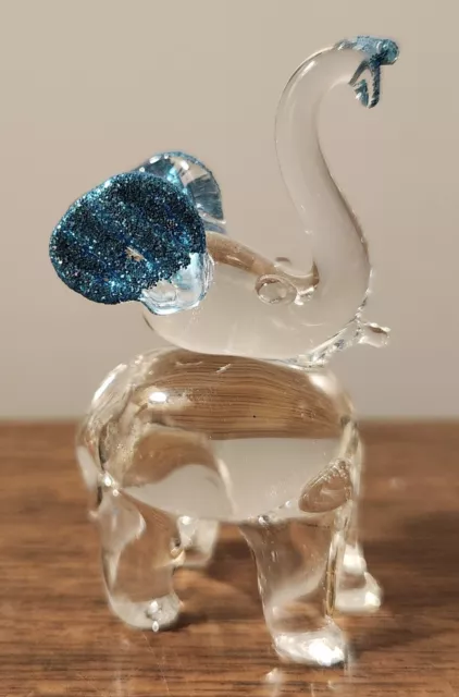 Hand Blown Clear Glass Blue Miniature Elephant Figurine - 2 1/8"