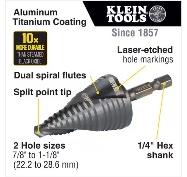 KLEIN TOOLS QRST11 Quick-Release Step Drill Bit 7/8 - 1-1/8 Inch BRAND NEW!!! 3