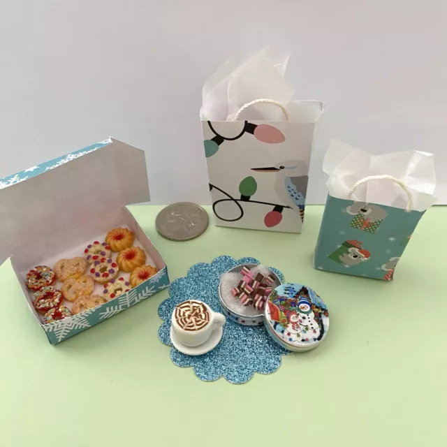 * NEW* DOLLS FOOD: CHRISTMAS BAGS, CAKES in BOX, CANDY SNOWMAN TIN + CUP: BARBIE