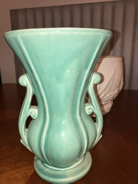 VINTAGE MCCOY Green Turquoise  Double Handled 8" x 5.5” Art Pottery VASE 1930s