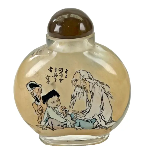 Chinese Inside Reverse Hand Painted Glass Perfume Snuff Bottle Wise Old Man Boy