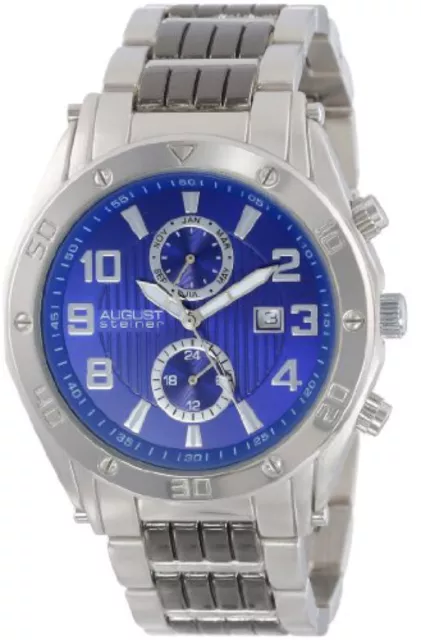 NEW August Steiner AS8070BU Men Swiss Multi-Function Blue Dial Silver-Tone Watch