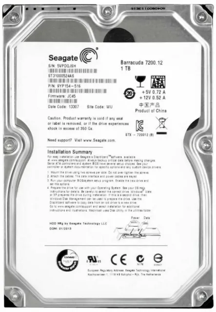 Disque Dur Seagate barracuda 1TB ST31000524AS 7200U/Min 32MB SATA II 3.5'' ' 2