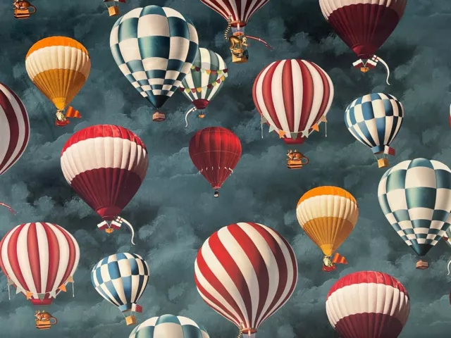 Fantasy Hot Air Balloons Teal Velvet Fabric Curtain Roman Blind Upholstery
