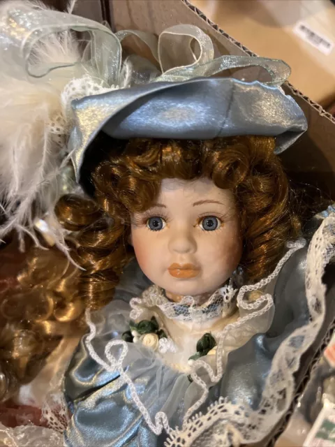 Vtg Collectors Choice Porcelain Victorian Doll Head Ornament Blue Brown Hair