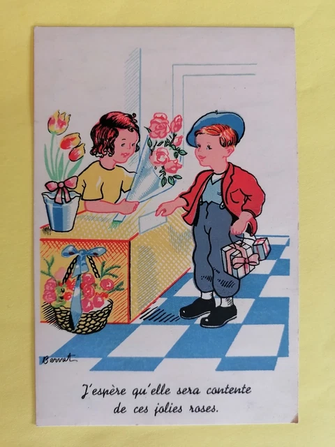 CPA ILLUSTRATION HUMOUR COMIQUE signée BERNET Fleuriste Jolies Roses ...