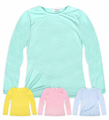 Girls Long Sleeved Plain Pastel T-Shirt New Kids Stretch Tops Ages 2-13 Years