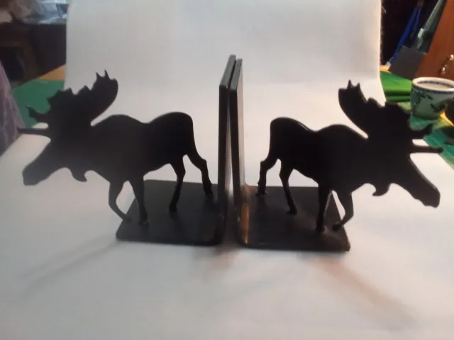 Vintage Handmade Metal Deer Elk Reindeer Woodland Decor Bookends Black