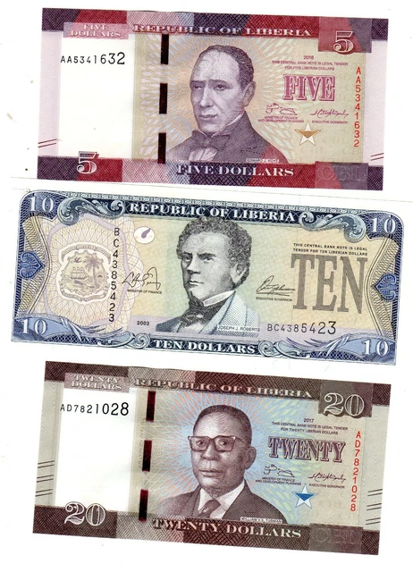 LOT SET SERIE 3 BILLETS Liberia LIBERIE DOLLARS  5 - 10 - 20  NEUF UNC