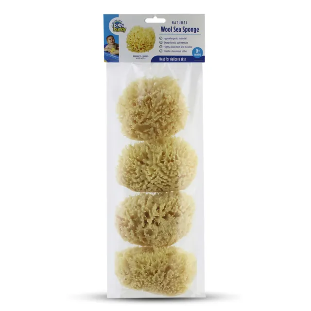 Baby Buddy Natural Baby Bath Sponge 4inch Ultra Soft Sea Wool Biodegradable 4pk