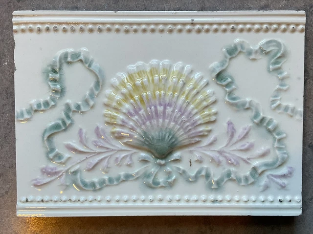 OLD BRIDGE TILE CO :: 19thc MAJOLICA SHELL & RIBBON 6”x 4 1/2” Pastels NJ USA
