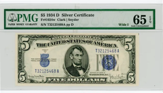 $5 1934D Silver Certificate  Fr#1654w (TA Block)  T32125468A  PMG 65 EPQ  WIDE I